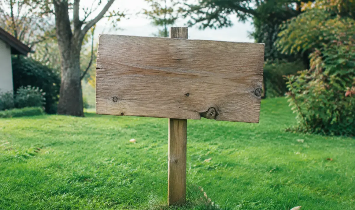 Panneau de bienvenue en bois dresse sur une pelouse