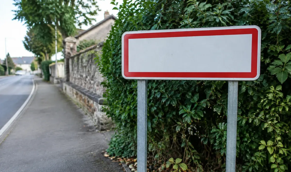 Panneau d'entree de ville au bord d'un trottoir