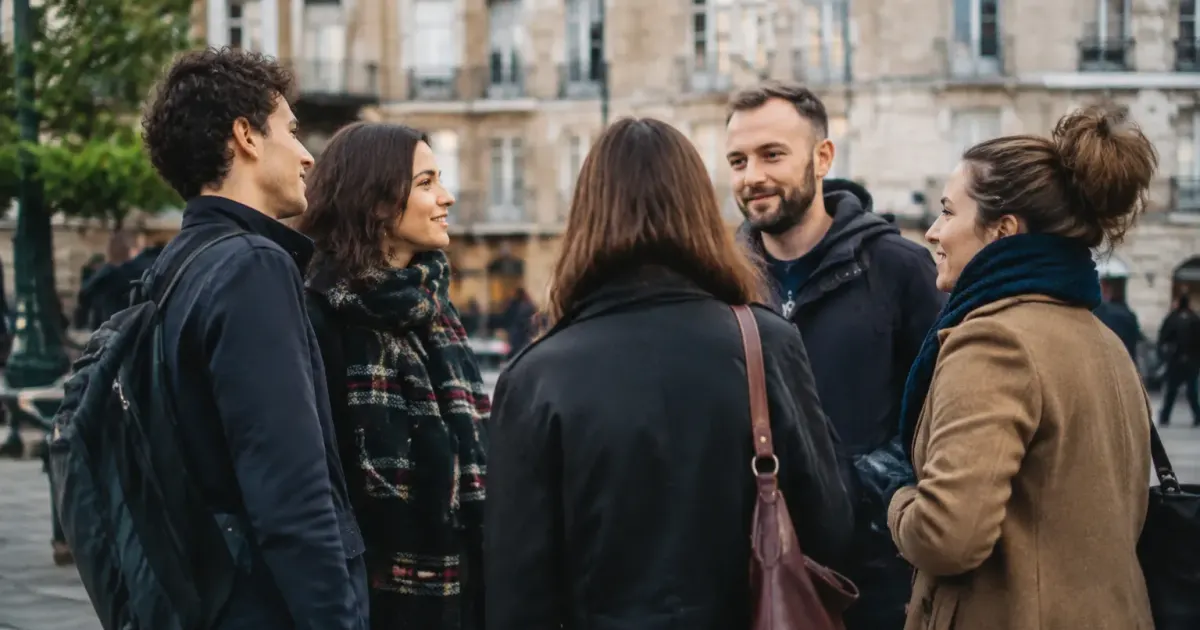 Personnes debout rassembles place publique locale