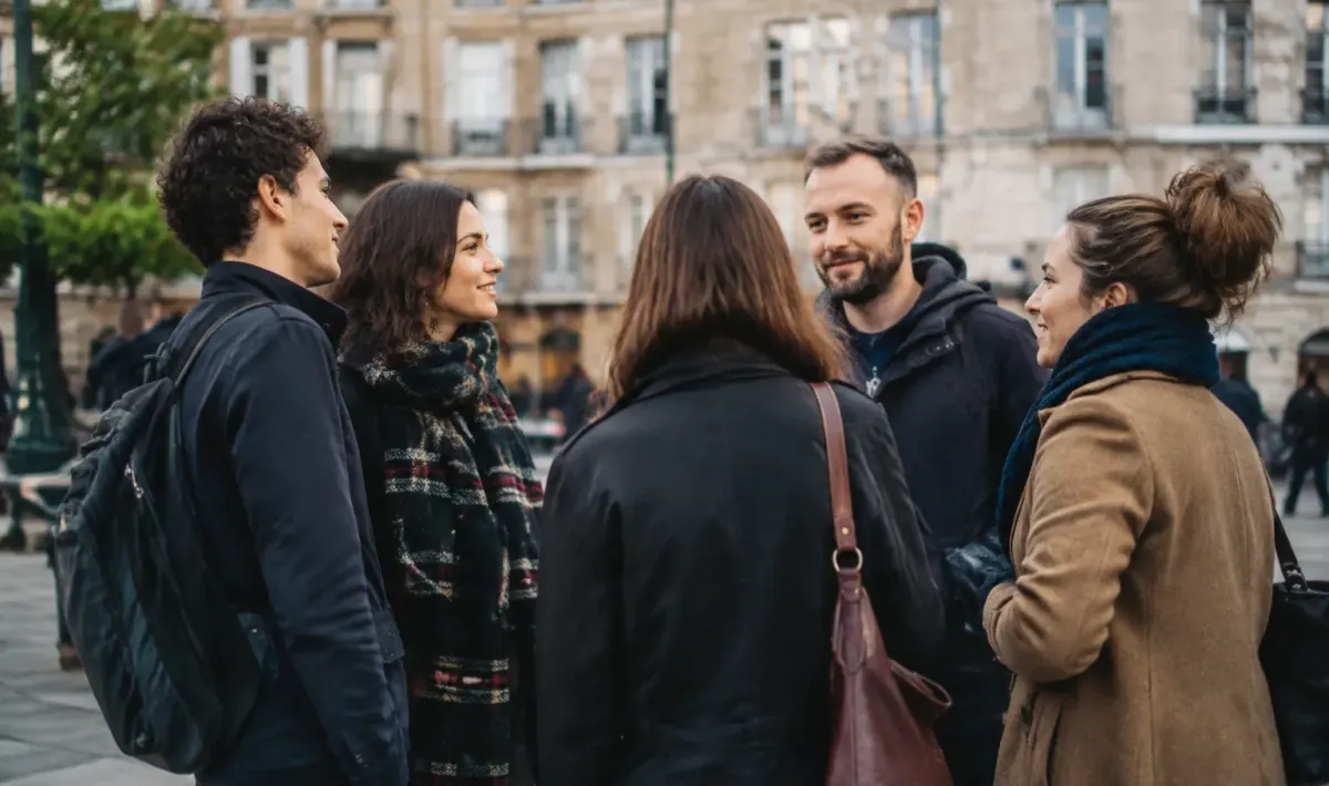 Personnes debout rassembles place publique locale