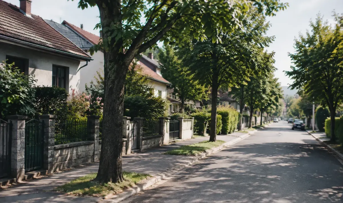 Rue residentielle bordee de maisons individuelles et d arbres
