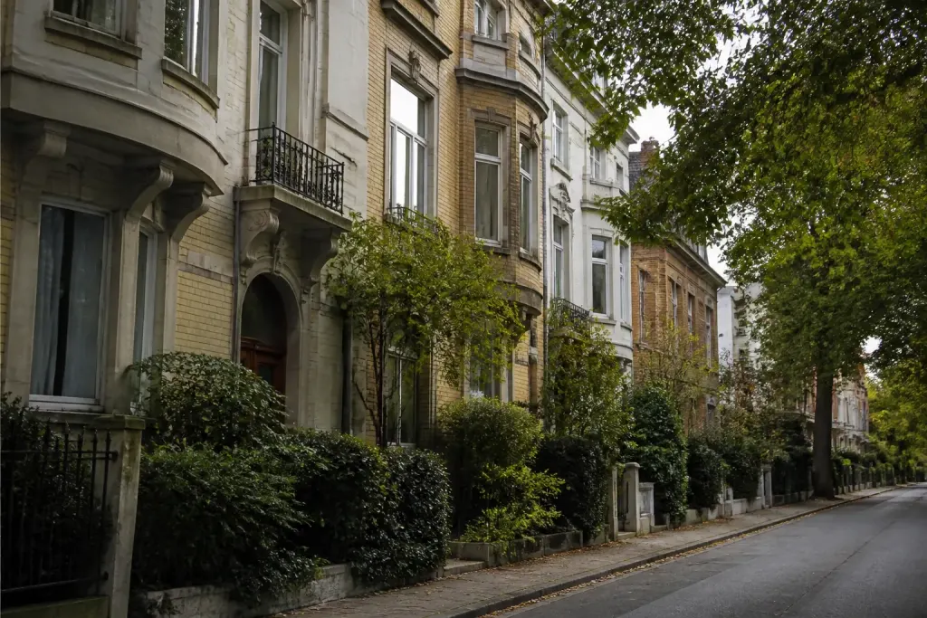 Rue residentielle avec facades anciennes et verdure arboree