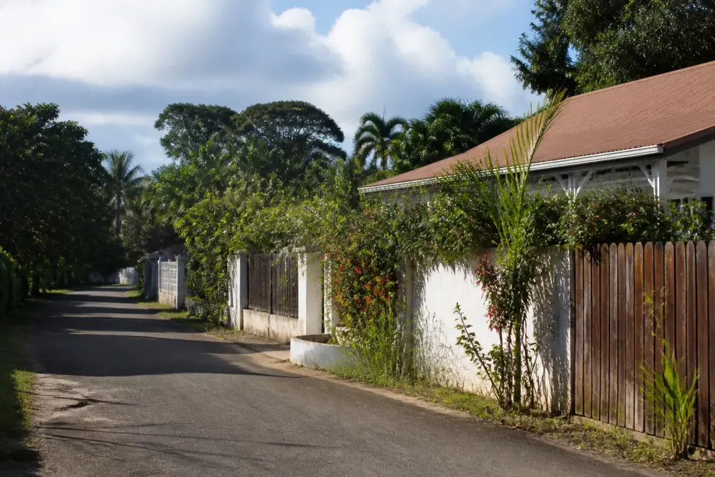 Rue residentielle tranquille Guyane maisons vegetation soleil jour