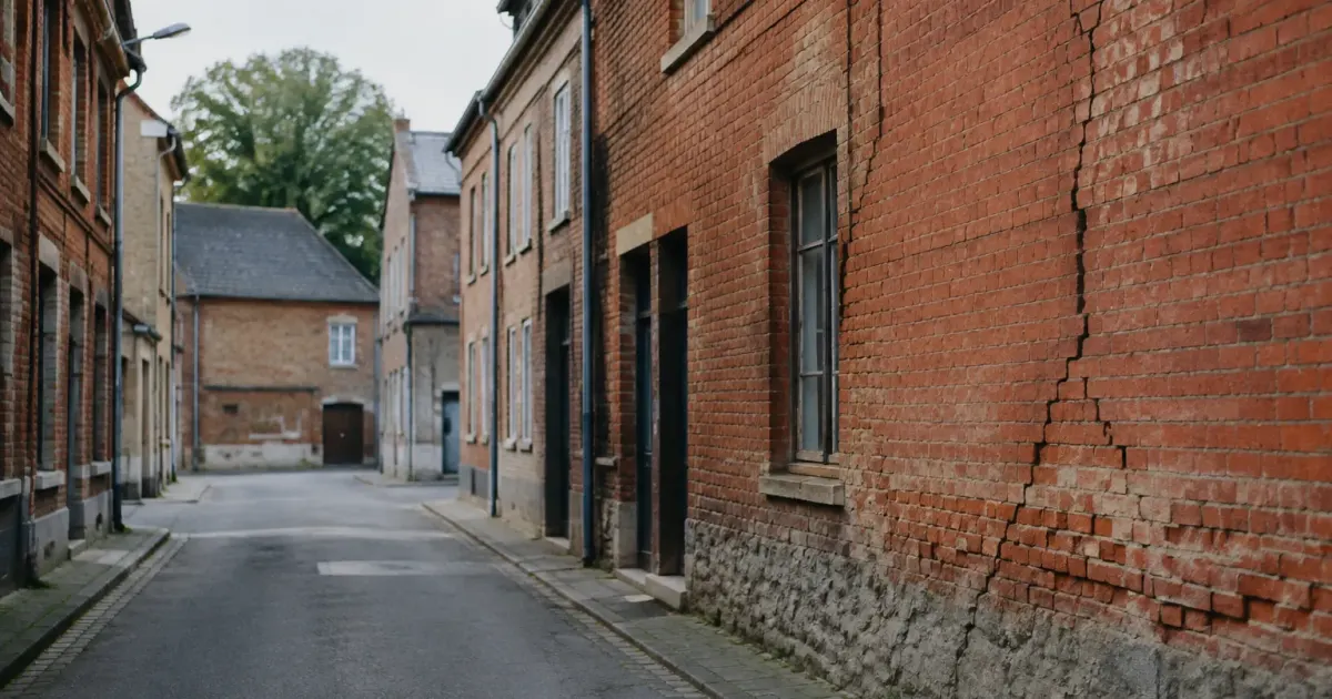 Rue vide avec facades en brique fissuree
