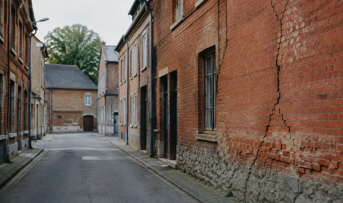 Rue vide avec facades en brique fissuree