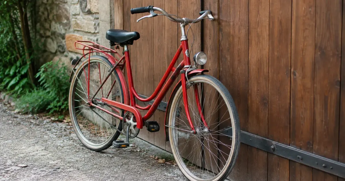 Velo rouge appuye contre un portail en bois
