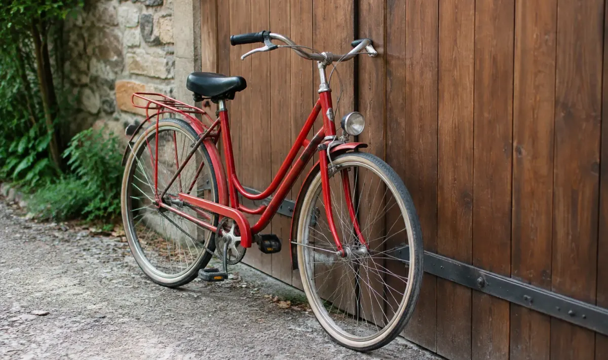 Velo rouge appuye contre un portail en bois