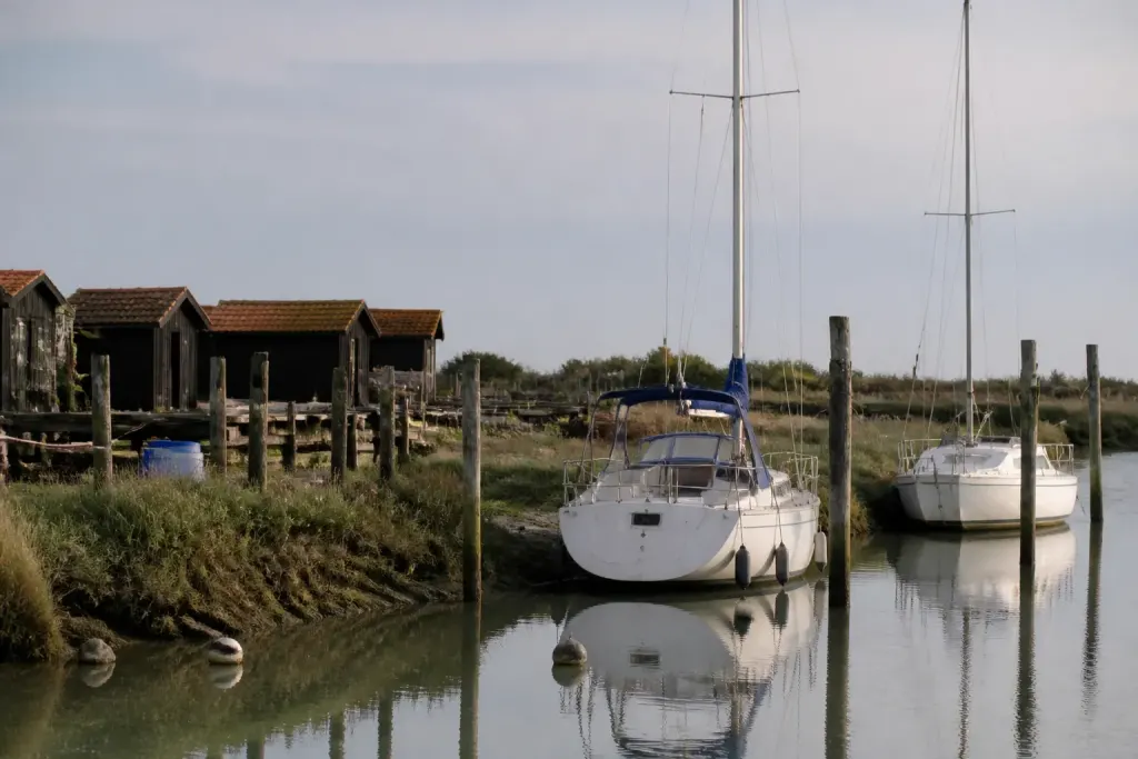 Voiliers blancs amarres devant des cabanes ostreicoles