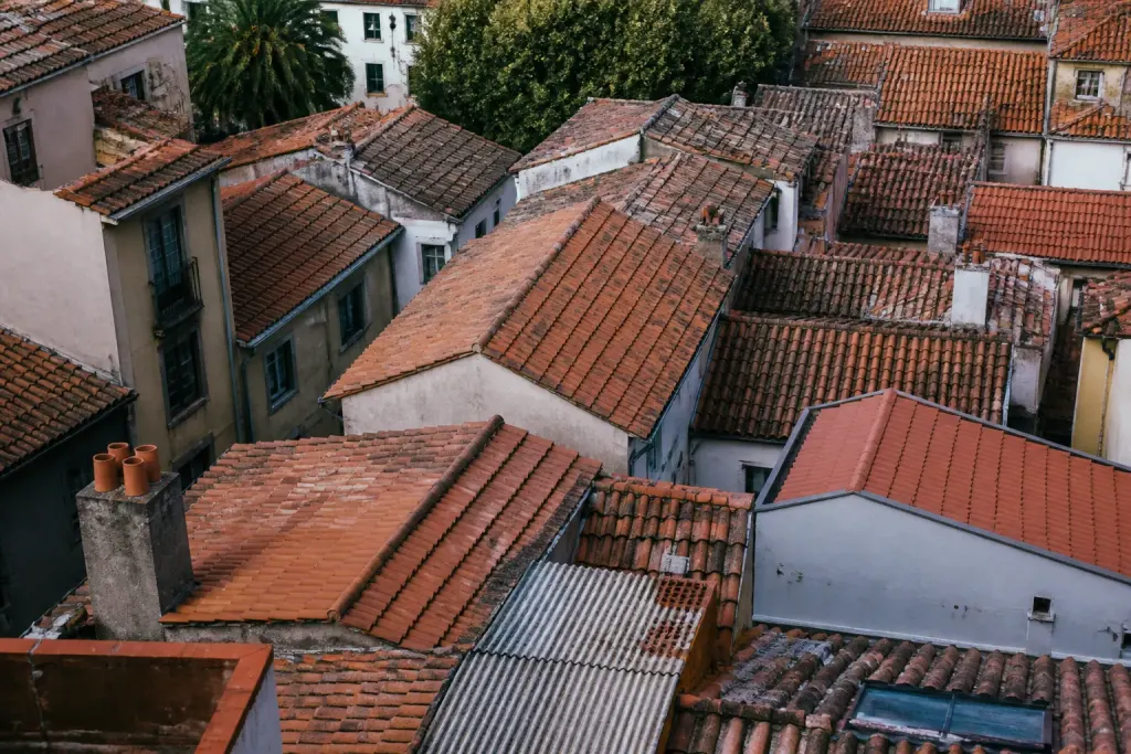 Vue aerienne sur des maisons serrees aux toits rouges