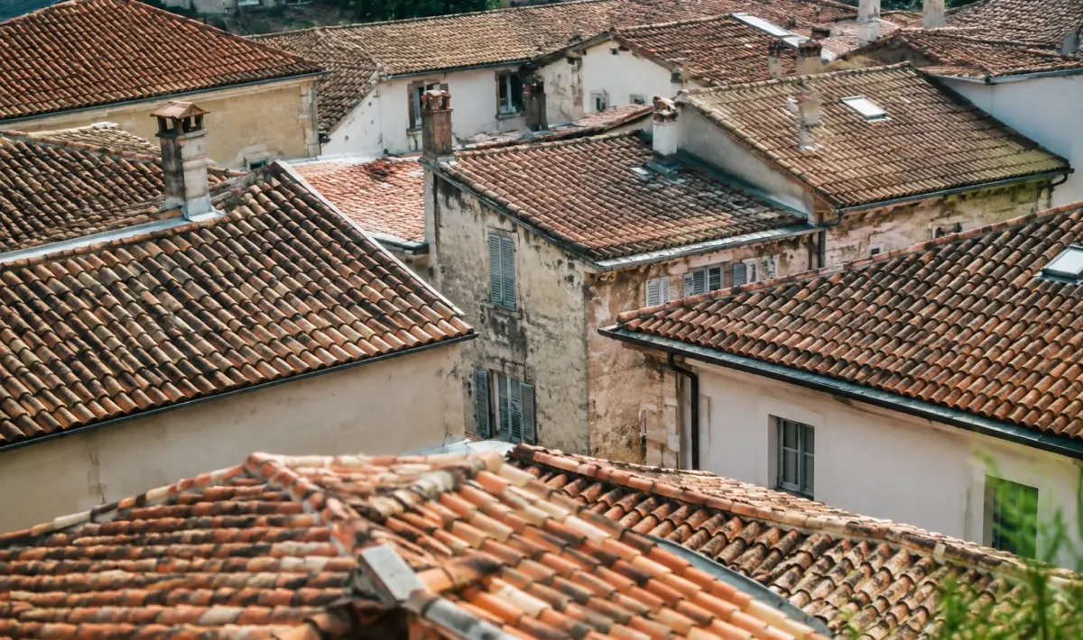 Vue aerienne des toits de tuiles en centre-ville
